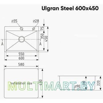 Кухонная мойка Ulgran Steel 60x45 (брашированная сталь) картинка 7